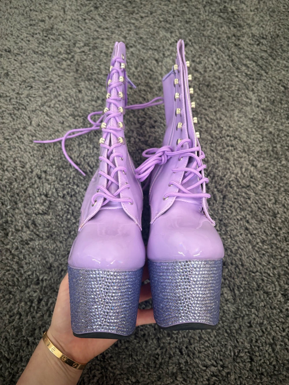 Pleaser Lilac Patent Rhinestone Platform Lace-Up Ankle Boots - Picture 5 of 5